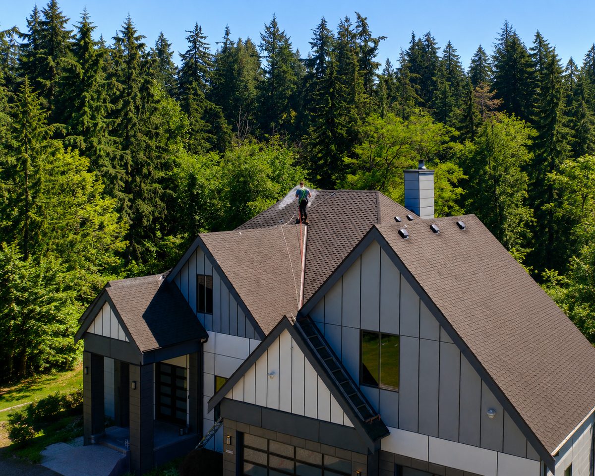 Drone shot of roof cleaning in progress
