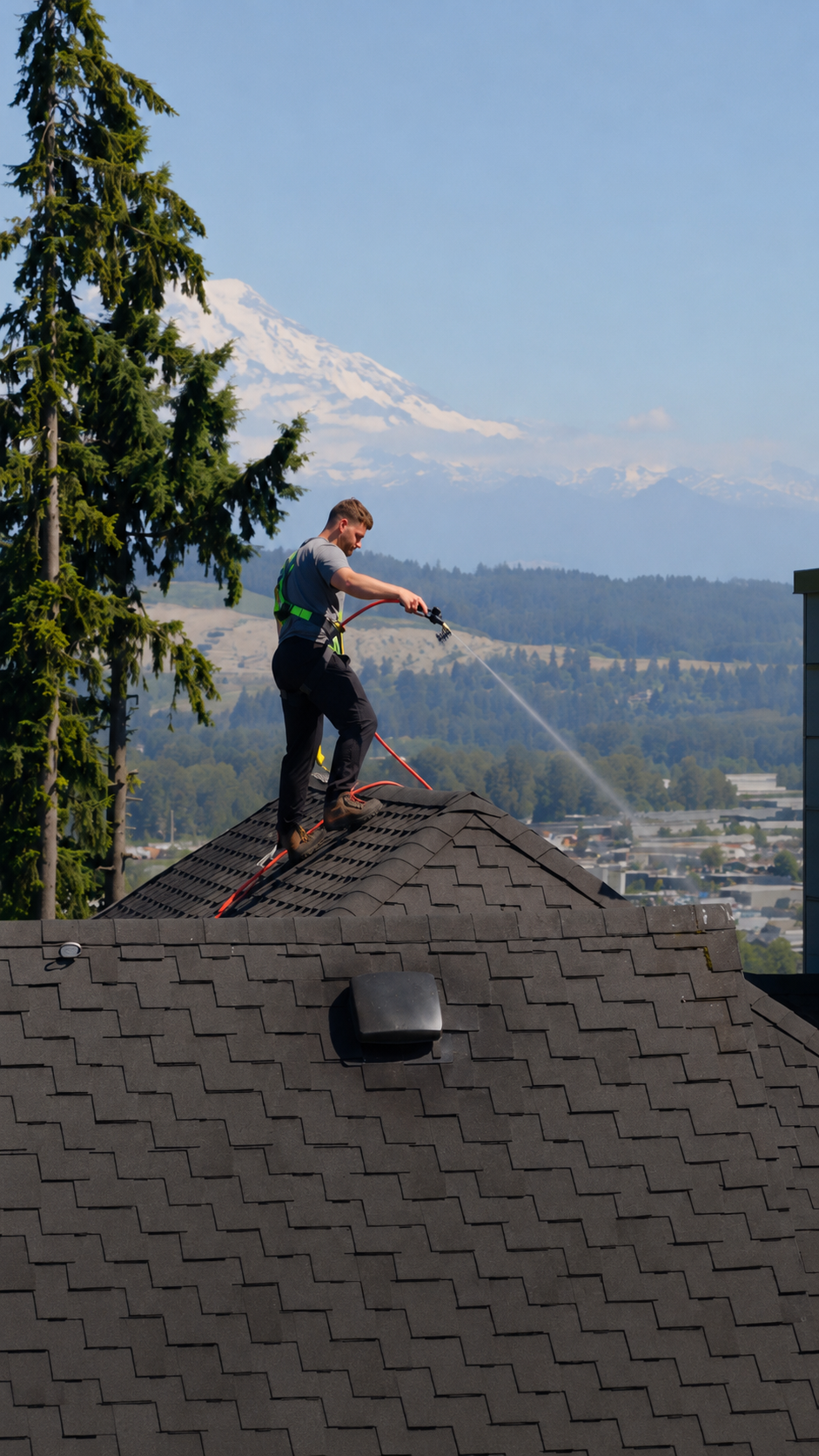 Refyne technician softwashing a roof with Mt. Rainier in the background